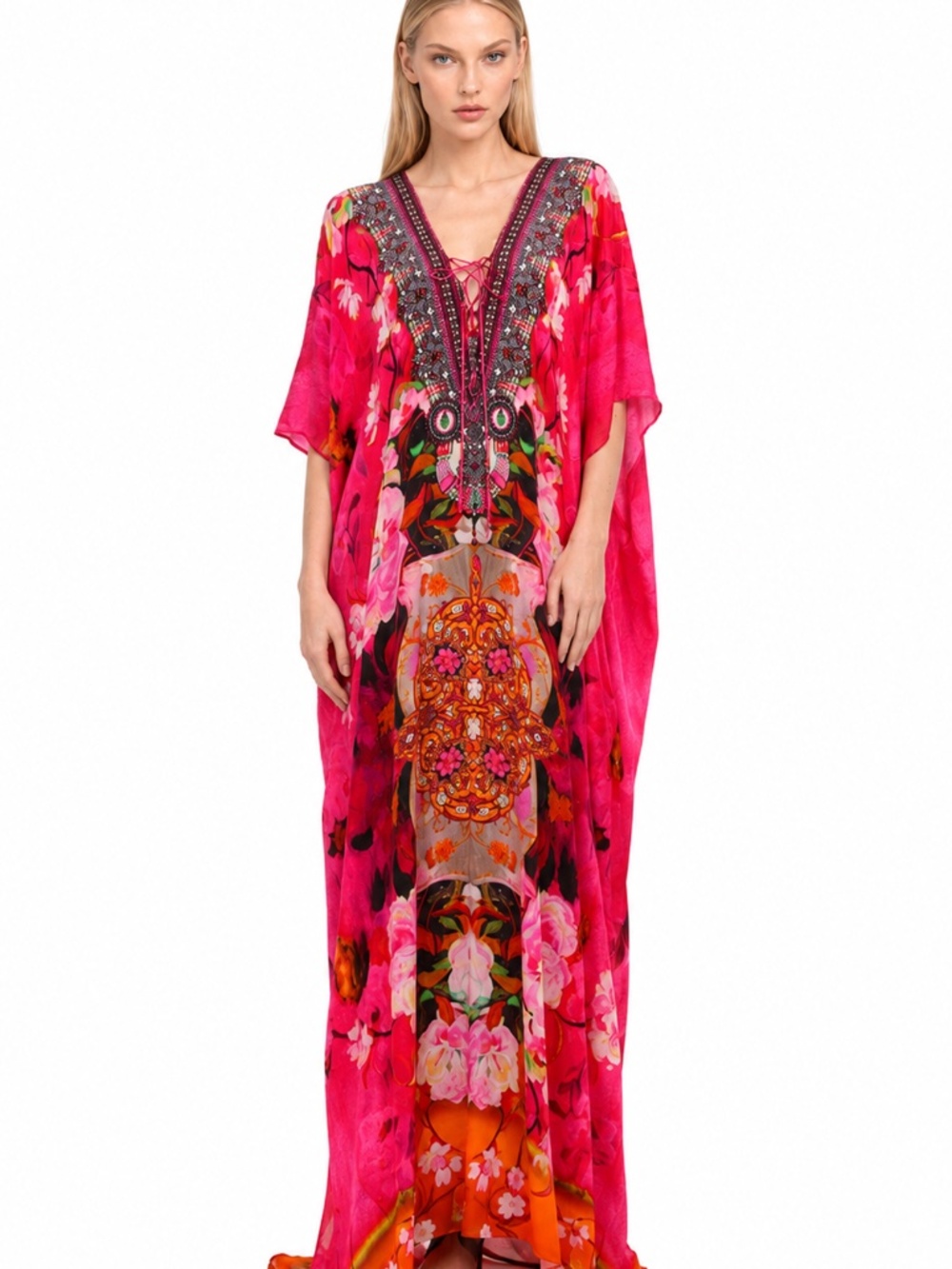 Shahida Parides Pink Floral Embellished Kaftan Caftan Maxi Resort Dress Fuchsia